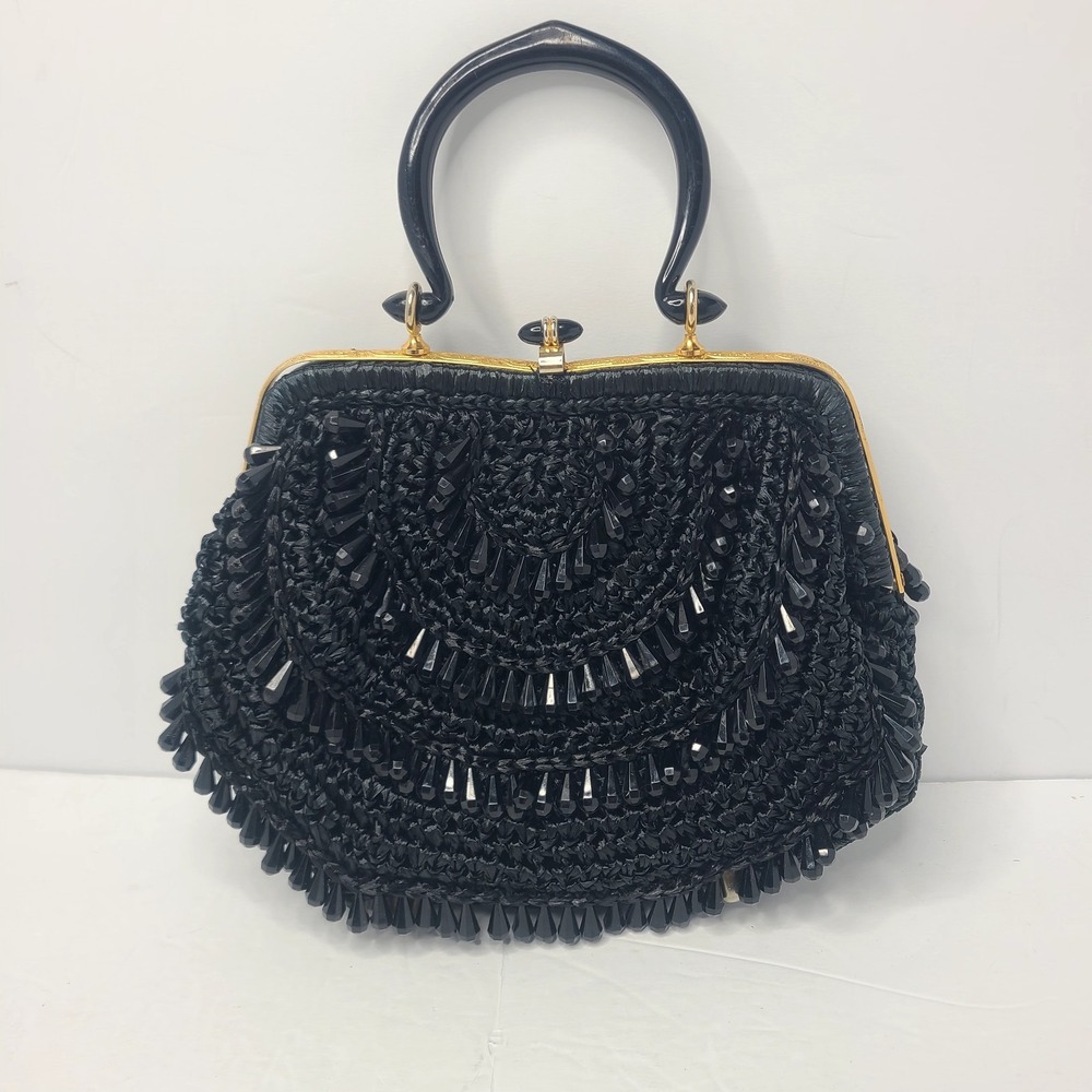 Vtg Black Raffia Beaded Purse Plastic Handle 50's Handbag MCM Made In Italy